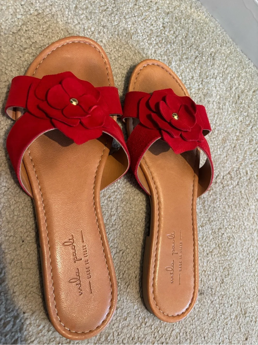Mila Paoli Made in Italy Red Suede Floral Camellia Slide Flat Sandals 10